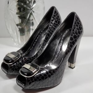 BCBG Black Patent Leather Crock Print Chunk Heels